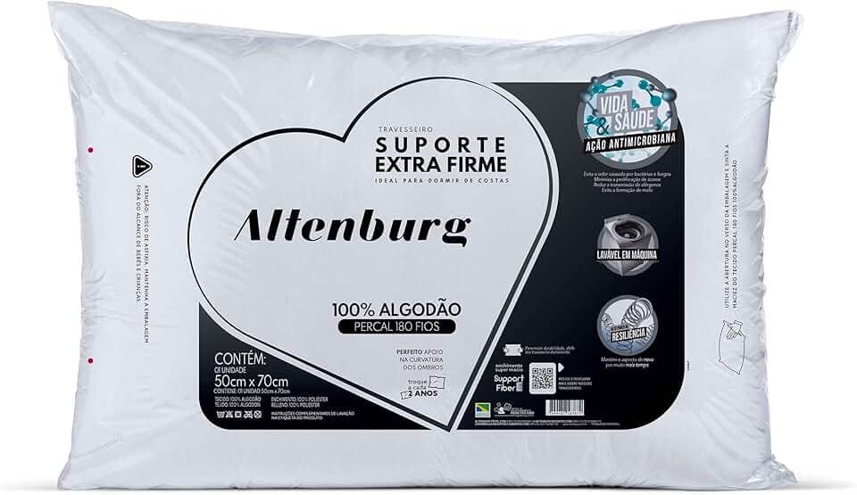 Travesseiro Suporte Extra Firme Altenburg Extra Branco Capa Percal 180 Fios 100% Alg./ Recheio 100% fibra de poliéster