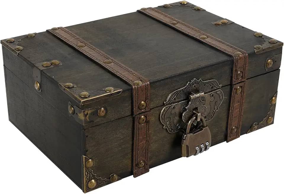 Tcwhniev Pequeno baú de tesouro de madeira, caixa de armazenamento vintage, baú de tesouro vintage com trava de combinação, caixa de madeira decorativa multiuso para armazenamento de viagem