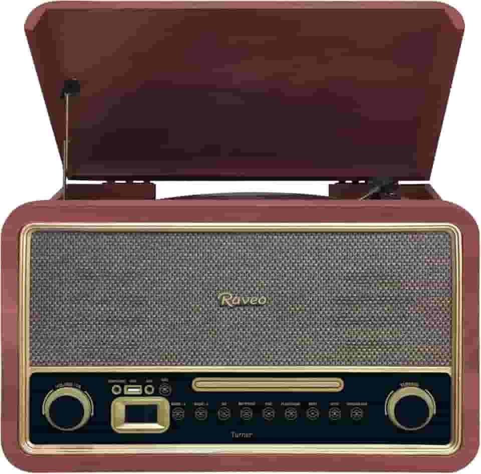 Raveo Vitrola Turner com Toca-discos de 3 velocidades, Rádio FM, CD e Cassete players, USB (reproduz e grava), entrada e saída auxiliares e tecnologia de conexão Bluetooth.