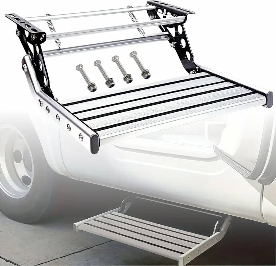 Pedais manuais para trailers com luz de LED – Escada suspensa dobrável telescópica para trailer, trailer, motorhome, liga de alumínio, capacidade de carga de 199 kg, conjunto de 1 (escada única)