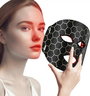 Terapia de luz vermelha para o rosto – 7 modos de máscara facial de LED portátil com controle remoto recarregável de 800 mAh, 288 LEDs para antienvelhecimento e calmante, verde e azul e máscara
