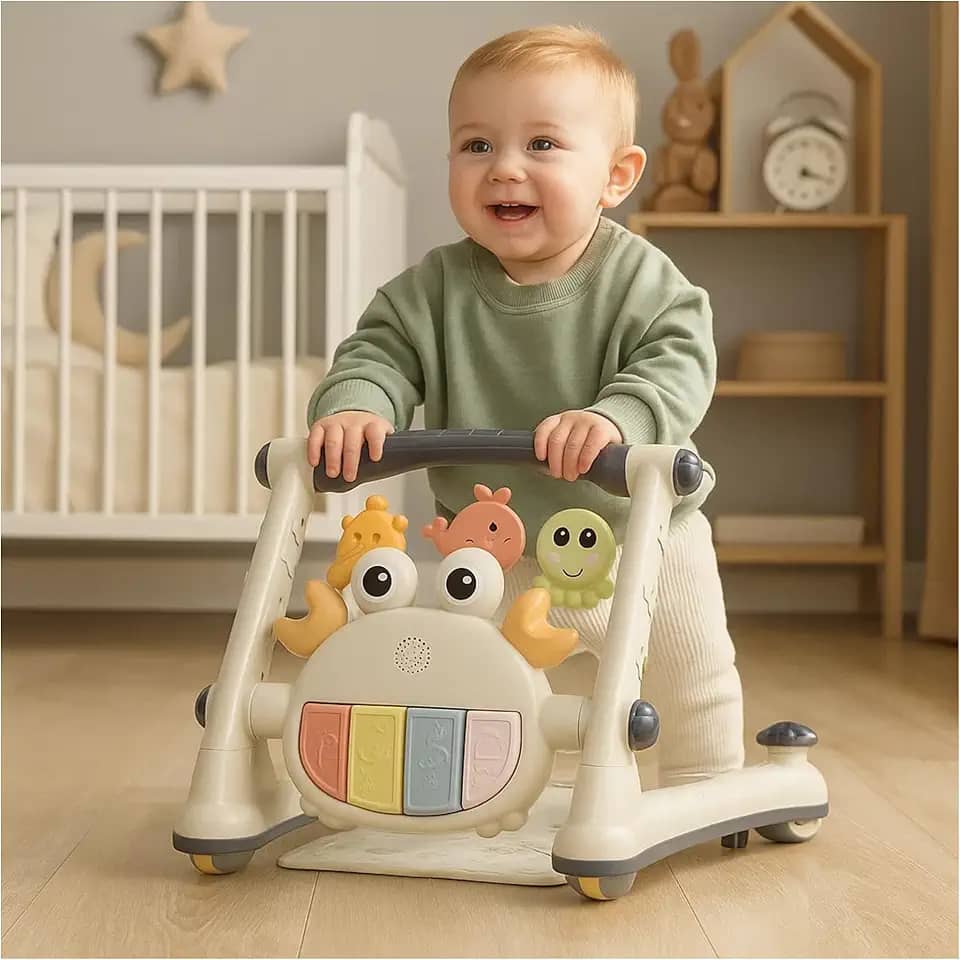 PIPDIP SUPER Centro de Atividades Andador Infantil, 5 em 1, Musical, Ajuste de Altura, Iluminação, Regulador nas Rodinhas, Com Tapetinho, Branco com Azul.