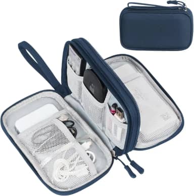 Organizador de acessórios eletrônicos FYY, bolsa organizadora de cabos, estojo de viagem impermeável, com duas camadas, bolsa de armazenamento multifuncional para cabos, carregadores, celular e fones, azul-marinho