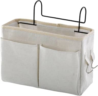 Organizador de cabeceira com bolsos grandes e ganchos, organizador de cabeceira de lona resistente para beliches, dormitórios, camas de hospital e espaços pequenos (bege)