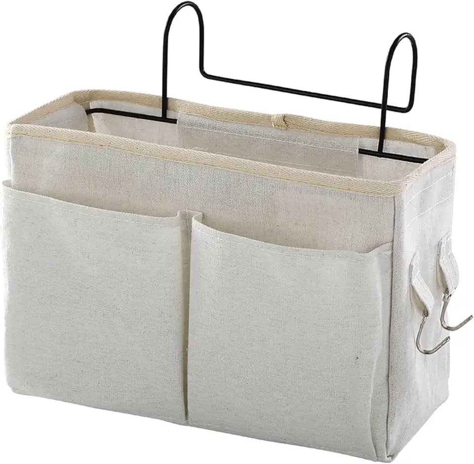 Organizador de cabeceira com bolsos grandes e ganchos, organizador de cabeceira de lona resistente para beliches, dormitórios, camas de hospital e espaços pequenos (bege)