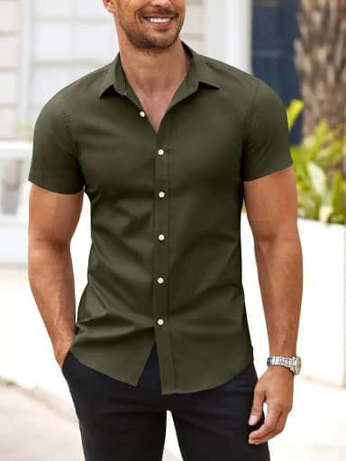 Camisa social masculina com ajuste muscular, sem rugas, manga curta, casual, abotoada