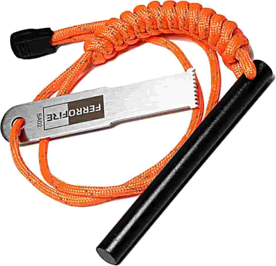 FERROFIRE Arranque de ferro clássico super-Duty Heavy Duty com haste de ferrocério de 10 cm de comprimento de pederneira de aço carbono Striker Orange 550 Paracord alça de cordão para acampamento de