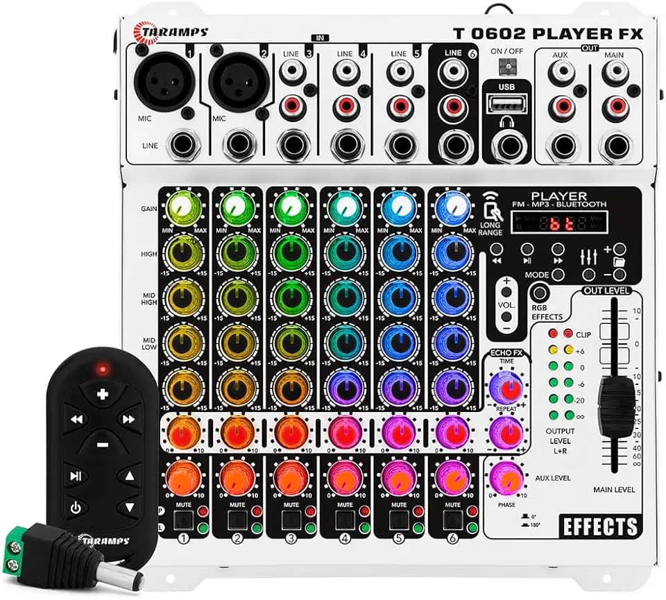 Mesa De Som Taramps 6 Canais Player Multicolor T0602 Mixer T 0602 Equalizador 4 Bandas Mp3 Usb Fm Bluetooth 78 Efeitos Rgb Led Efeito Echo FX Microfone Violão Som Automotivo Profissional Igreja