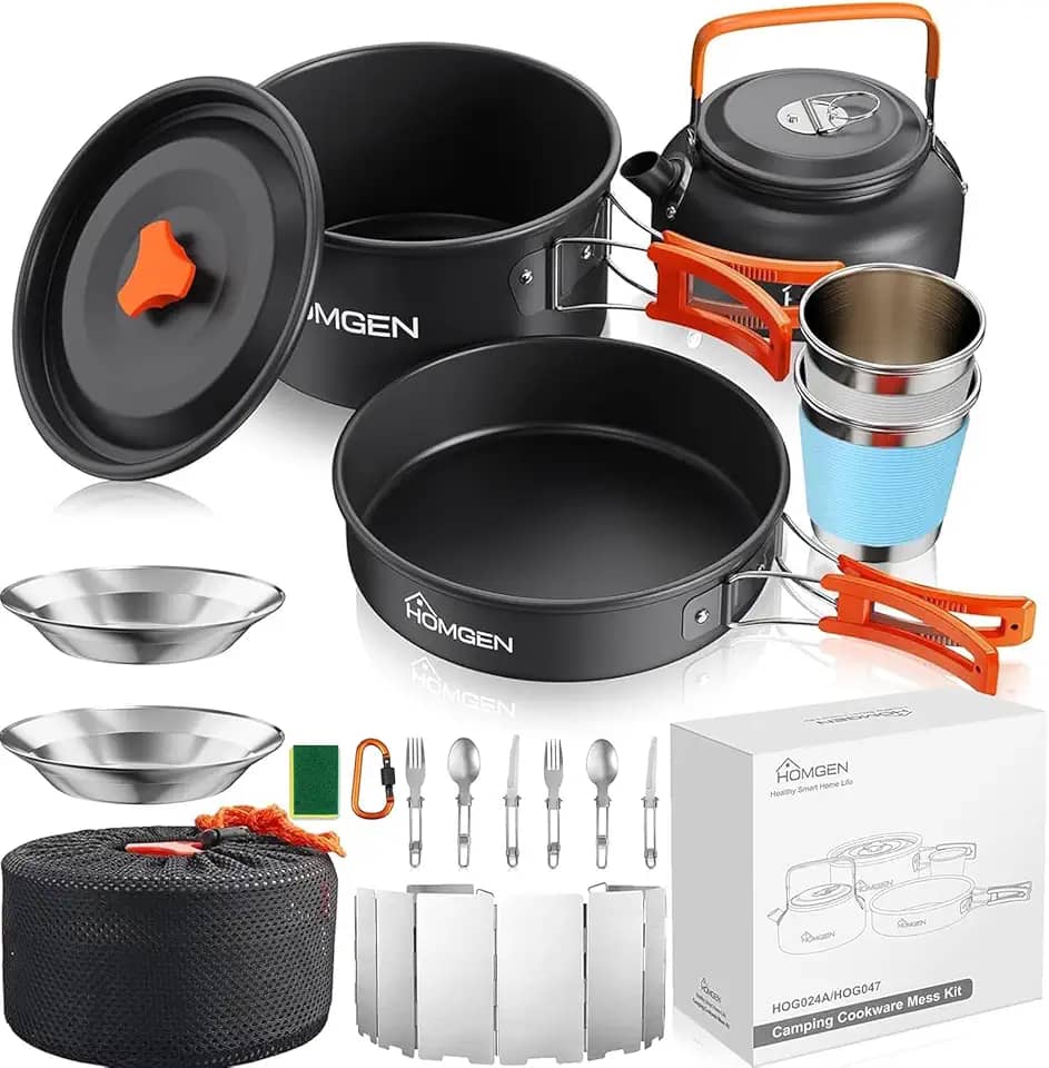 HOMGEN Conjunto de cozinha de acampamento de 14 peças com para-brisa de fogão e 2 pratos - bule de alumínio leve/frigideira - Kit completo de bagunça de acampamento para mochilão, piqueniques