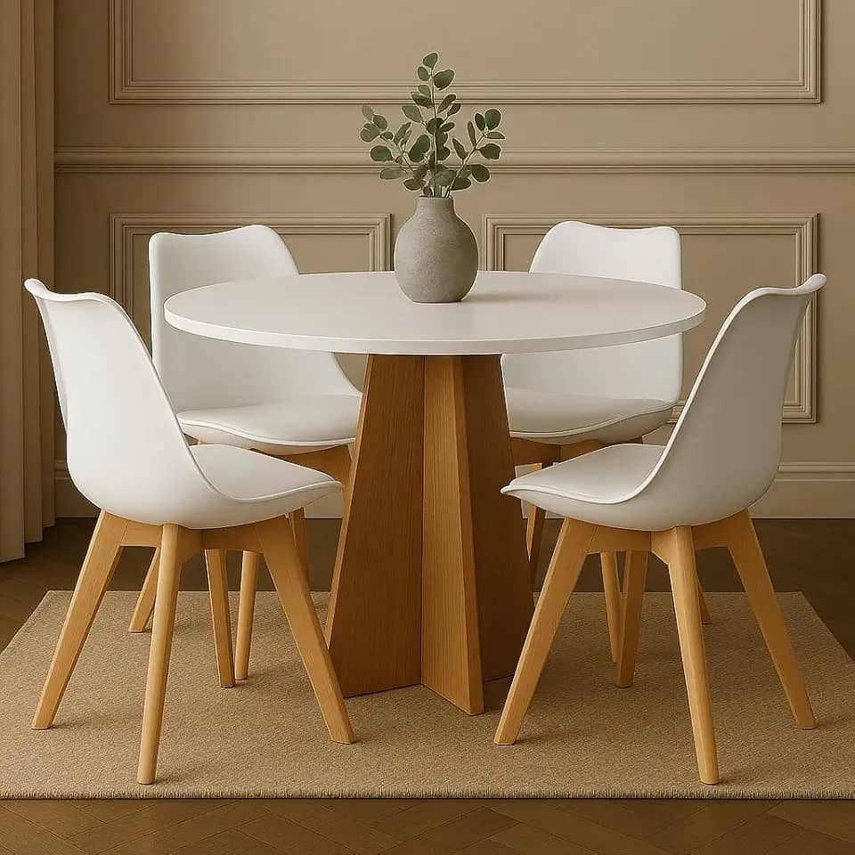 Conjunto Mesa Madeira Redonda Branca 90cm + 4 Cadeiras Leda Pés Madeira Sala Jantar Cozinha Moderna (Cadeiras Brancas)
