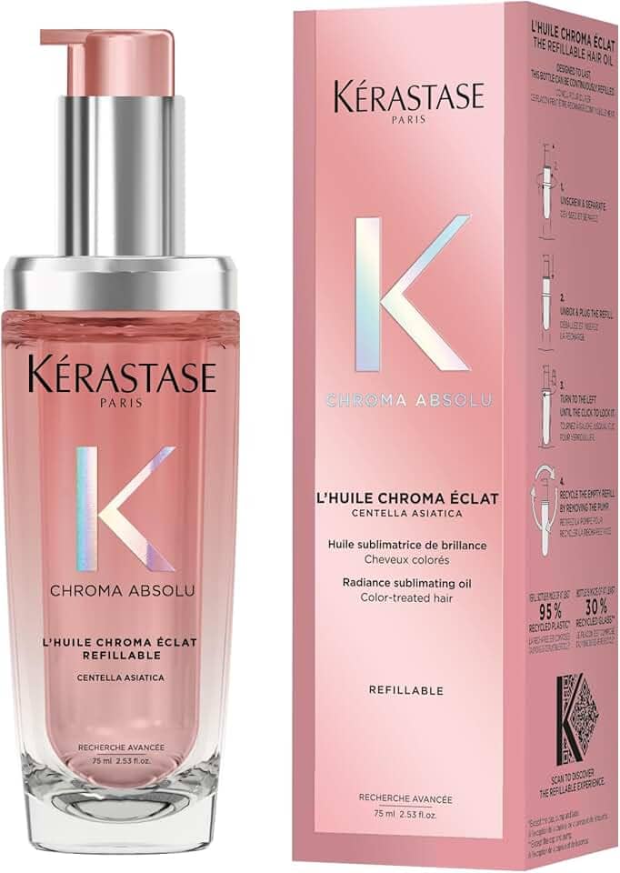 Kérastase Óleo Chroma Absolu Huile de Parfum Refilável, para cabelos coloridos, com proteção UV e protetor térmico até 230ºC, brilho, hidratação, proteção de cor, 75ml