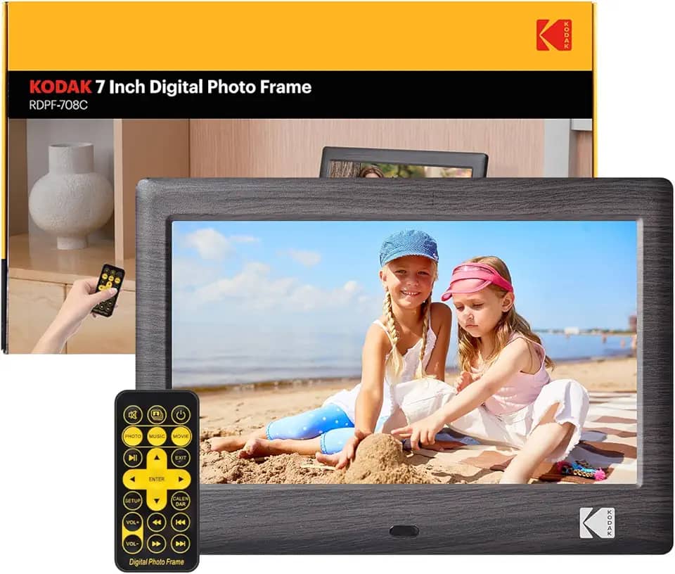 KODAK Moldura digital de madeira de 17 cm com controle remoto, moldura digital de tela HD de 1024 x 600 IPS, é necessário cartão USB ou SD, rotação automática, suporta foto/vídeo/música/calendário
