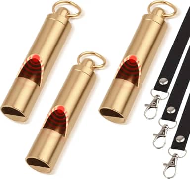 Pacote com 3 apitos de emergência de latão – Apito de sobrevivência alto de 125 dB com cordão, apito de segurança ultra-alto, apitos de emergência de latão premium para passeios de barco, acampamento