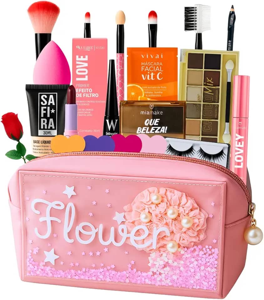 Maleta de Maquiagem Completa com 13 Itens Paleta de Sombras Base Pincéis Cílios Acessórios Kit Completo Presente Elegante Lindo Essencial Top Sagaro Makeup (PELE PARDA)
