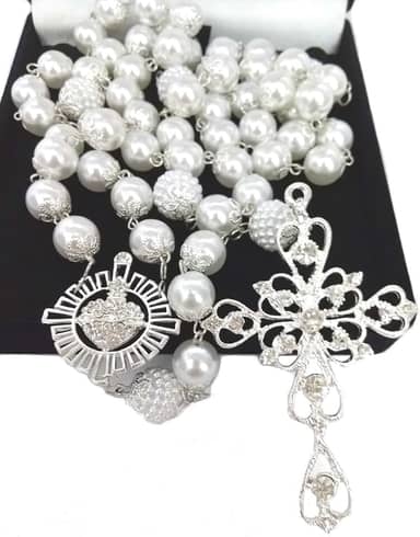 Terço De Noiva Banho Prata Perolas Brancas Sagrado Coração
