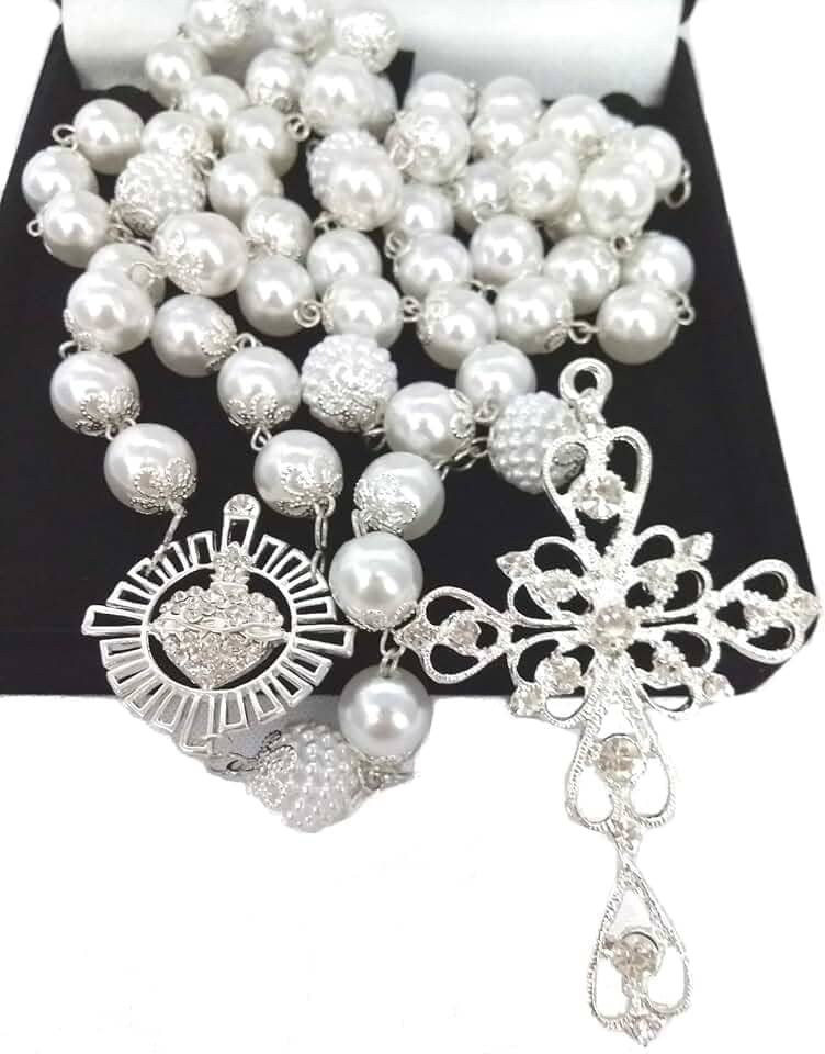 Terço De Noiva Banho Prata Perolas Brancas Sagrado Coração
