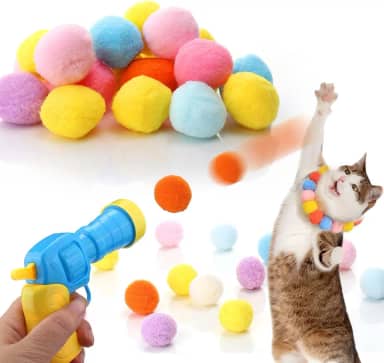 Aiersa Lançador de bola de brinquedo para gatos, pistola de tiro de bola de pelúcia com 20 bolas de pompom, brinquedo interativo para buscar gatos em ambientes internos