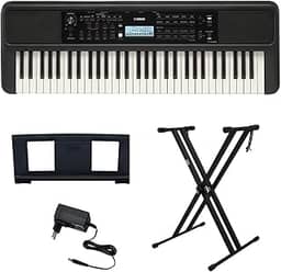 Kit Teclado Arranjador 61 Teclas PSR E383 com Fonte Bivolt e Suporte em X