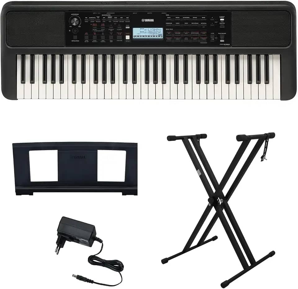 Kit Teclado Arranjador 61 Teclas PSR E383 com Fonte Bivolt e Suporte em X