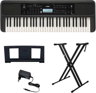 Kit Teclado Arranjador 61 Teclas PSR E383 com Fonte Bivolt e Suporte em X