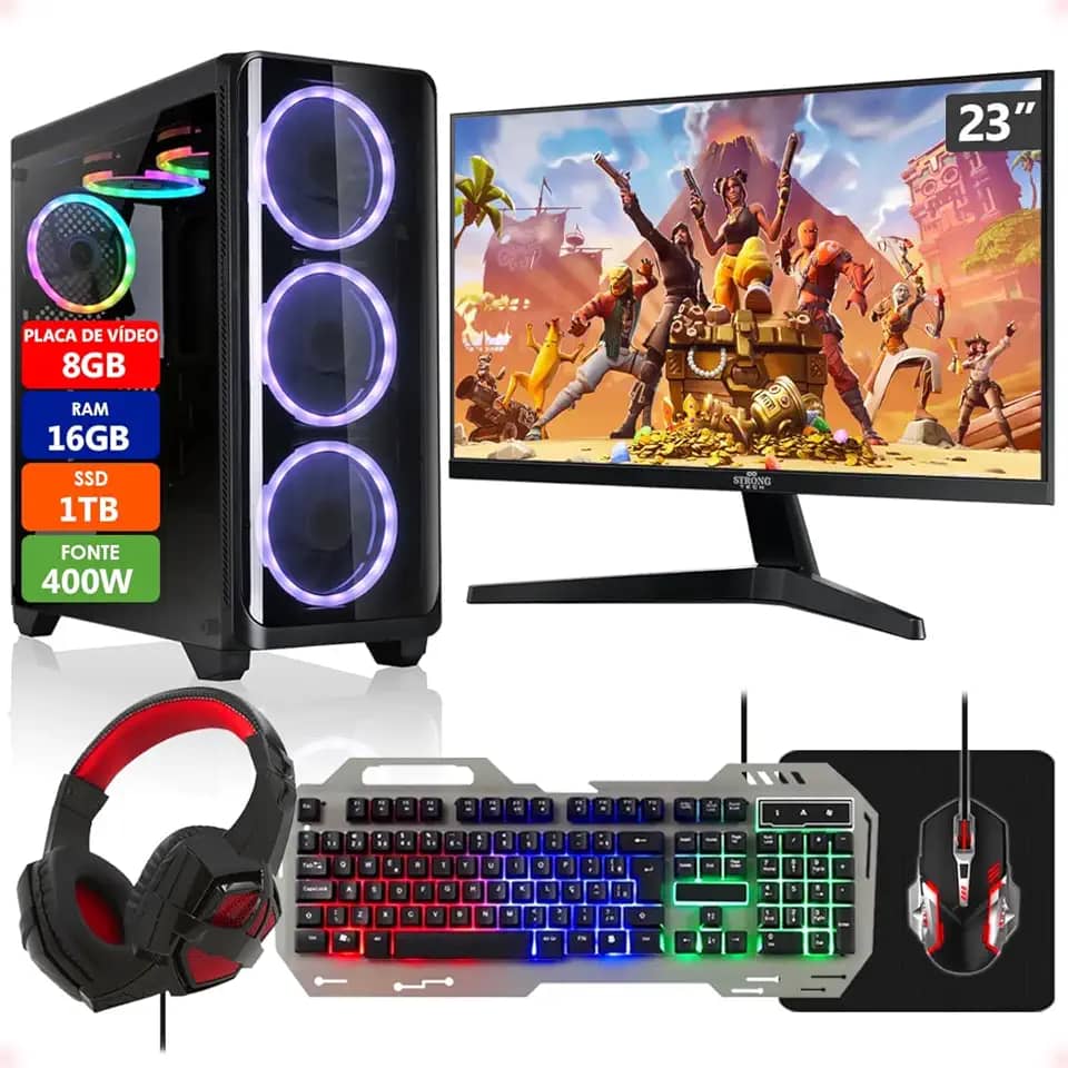 PC Gamer Intel Core i5 16GB SSD 1TB Placa de Vídeo RX 580 8GB 256 Bits Monitor 23" com Kit Gamer - Fonte 400W Real Strong Tech