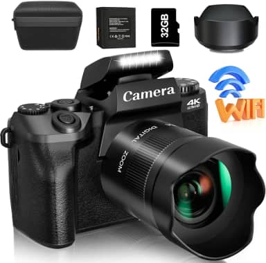 Saneen Digital Camera, 4k Cameras for Photography & Video, 64MP WiFi Touch Screen Vlogging Camera for YouTube with Flash, 32GB Card, Lens Hood, 3000mAH Battery, Front and Rear Cameras -