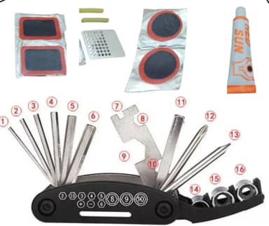 Kit Chave Multifuncional para Bike 16 Peças + Kit Remendo Completo Reparos Manutenção de Bicicleta Kit Ferramentas para Bicicleta Portátil Kit Chave Allen, Philips, Boca e Soquetes - Luiggi Presentes®