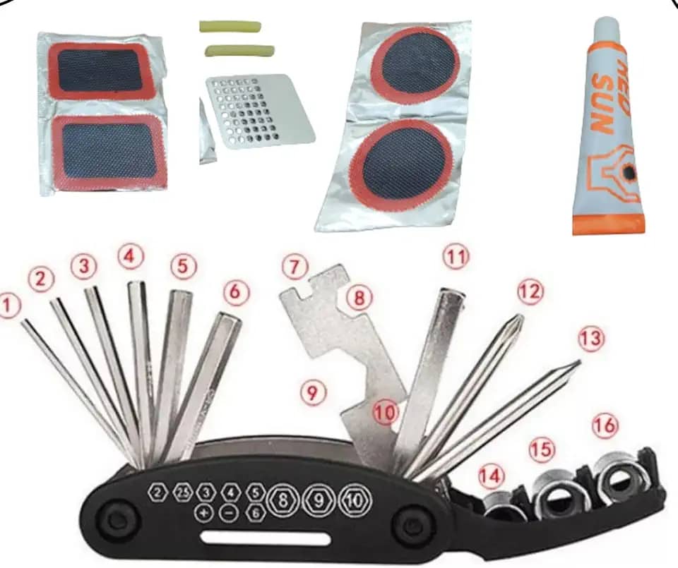 Kit Chave Multifuncional para Bike 16 Peças + Kit Remendo Completo Reparos Manutenção de Bicicleta Kit Ferramentas para Bicicleta Portátil Kit Chave Allen, Philips, Boca e Soquetes - Luiggi Presentes®