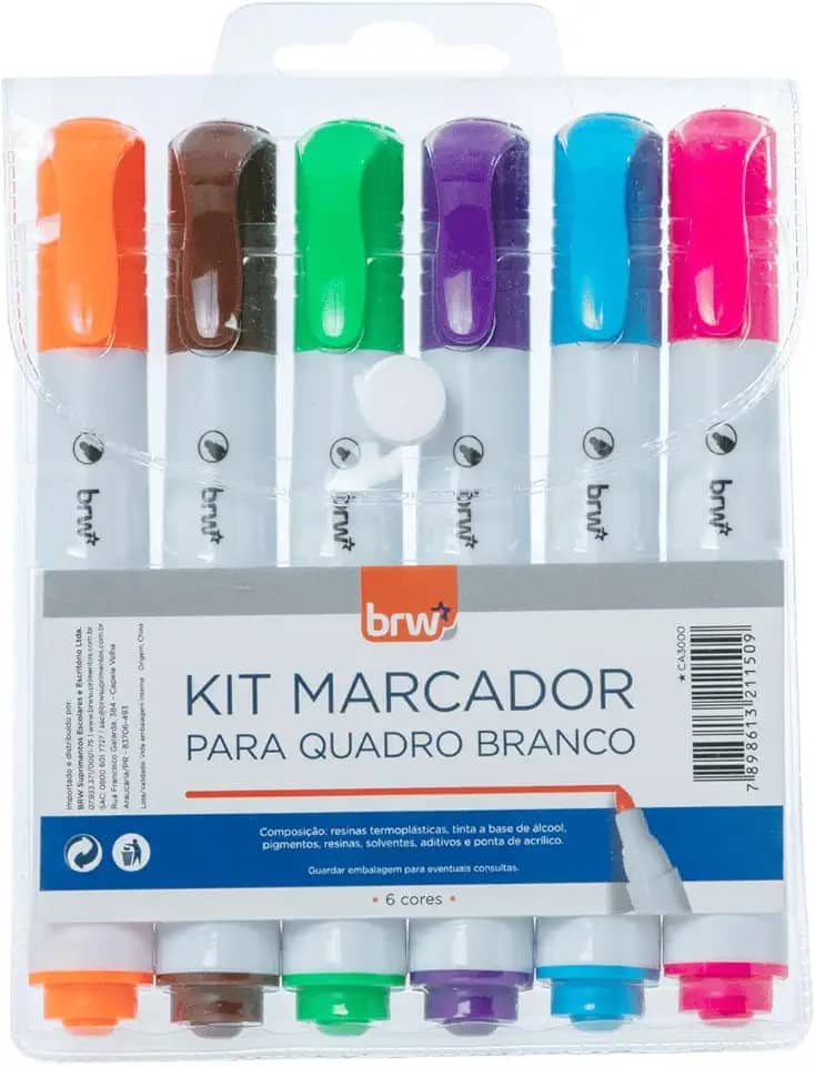 Pincel Marcador Quadro Branco Blister com 6 Cores, BRW