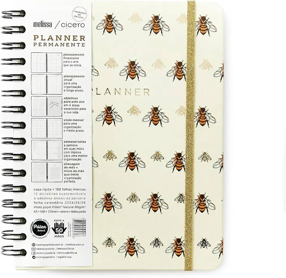 Planner Permanente Wire-O Melissa Semanal Notas A5 Favo De Abelhas, Cicero