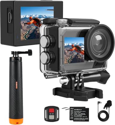 SVBONY Câmera de ação SVGo 2 4K30FPS 50MP com tela sensível ao toque, câmera esportiva com tela IPS dupla, câmeras à prova d'água, zoom 5X, com bastão de selfie flutuante, microfone com fio, 2