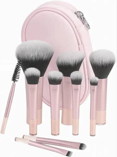 Kit Mini Pincéis de Maquiagem 10 Peças Travel Size com Nécessaire - Cerdas Macias para Make Completa - Rosa