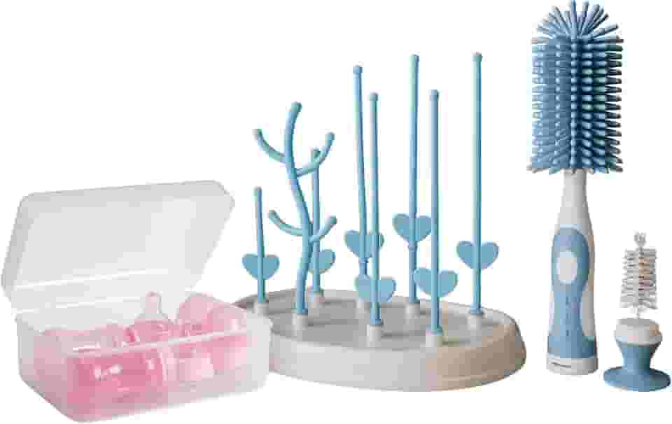 Kit Escorredor de Mamadeira com Tampa + Esterilizador de Mamadeira Micro-ondas + Escova de Silicone – Higiene Completa