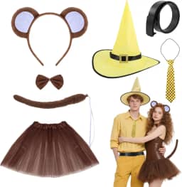 7 peças de fantasia de casal de macaco de Halloween, incluindo faixas de cabeça femininas, saias e chapéus masculinos, cintos e gravatas para festa de cosplay de Halloween