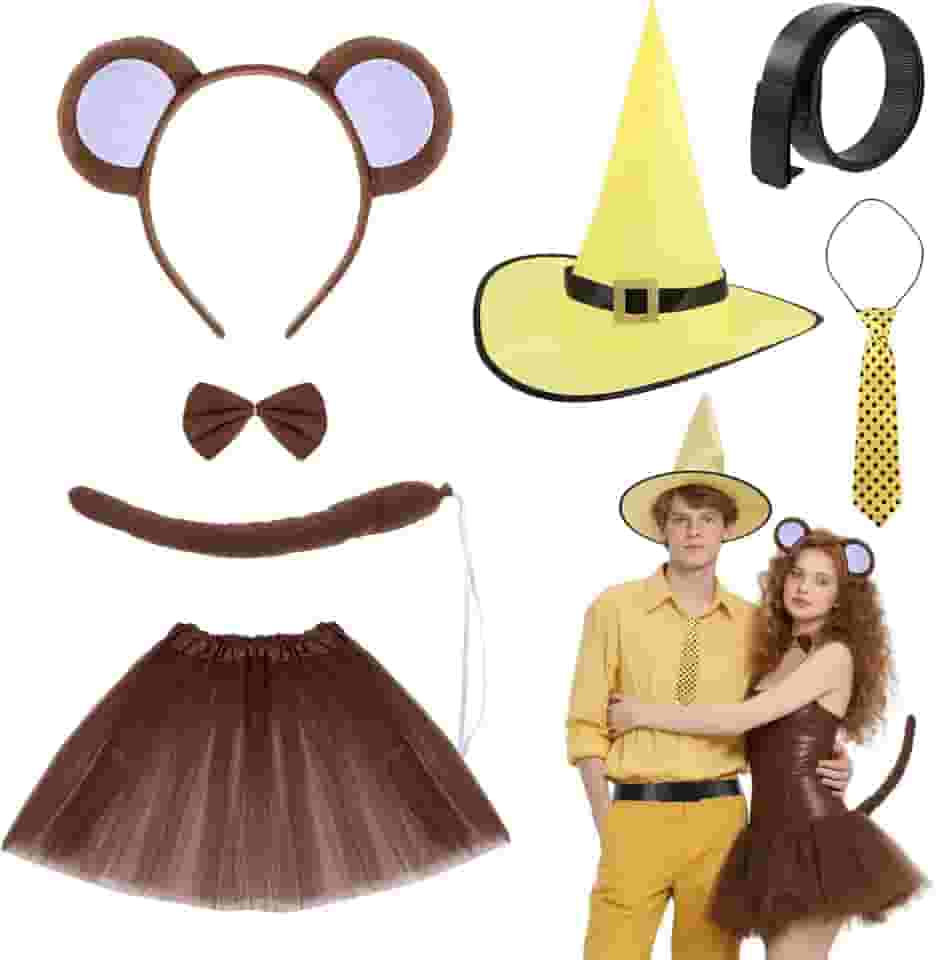 7 peças de fantasia de casal de macaco de Halloween, incluindo faixas de cabeça femininas, saias e chapéus masculinos, cintos e gravatas para festa de cosplay de Halloween