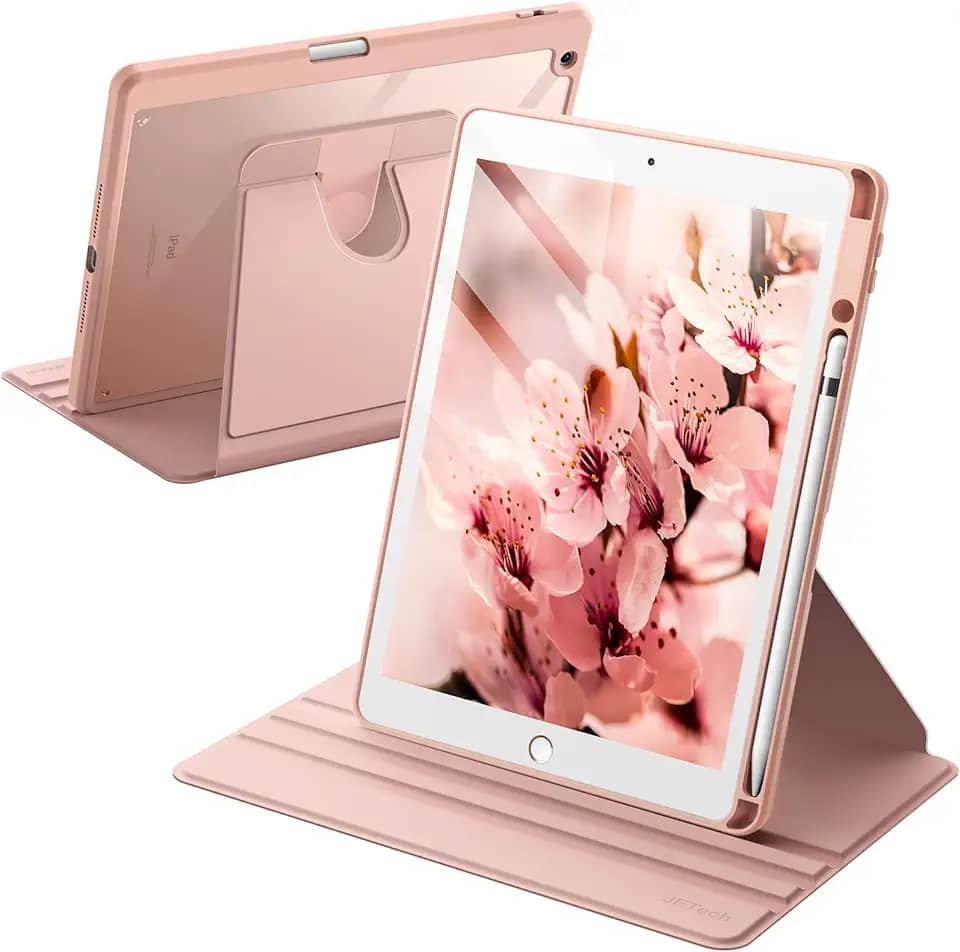 JETech Capa Giratória para iPad 9/8/7 (10,2 Polegadas, Modelo 2021/2020/2019, 9ª/8ª/7ª Geração) com Porta Pencil, Capa Protetora de Rotação de 360 Graus, Parte Traseira Claro (Rosa Ouro)