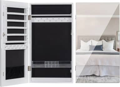 LAVIEVERT Armário de joias com trava e espelho sem moldura, organizador de exibição de joias com compartimentos para batom montado na parede/porta - branco