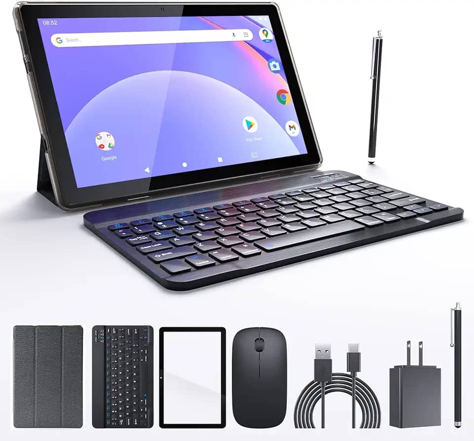 Tablet Android de 10 polegadas, tablet 2 em 1 com teclado, inclui capa de mouse Stylus película temperada 5G, Wifi6, 128 GB de ROM + 6 GB de RAM, câmera IPS de 10 polegadas, câmera de 8 MP, 6000 mAh