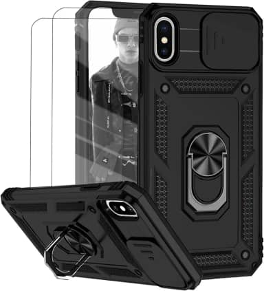 Capa para iPhone X e iPhone XS Capinha | com 2 peças de protetor de tela temperado com janela deslizante da câmera e suporte para telefone incluídos - Preto