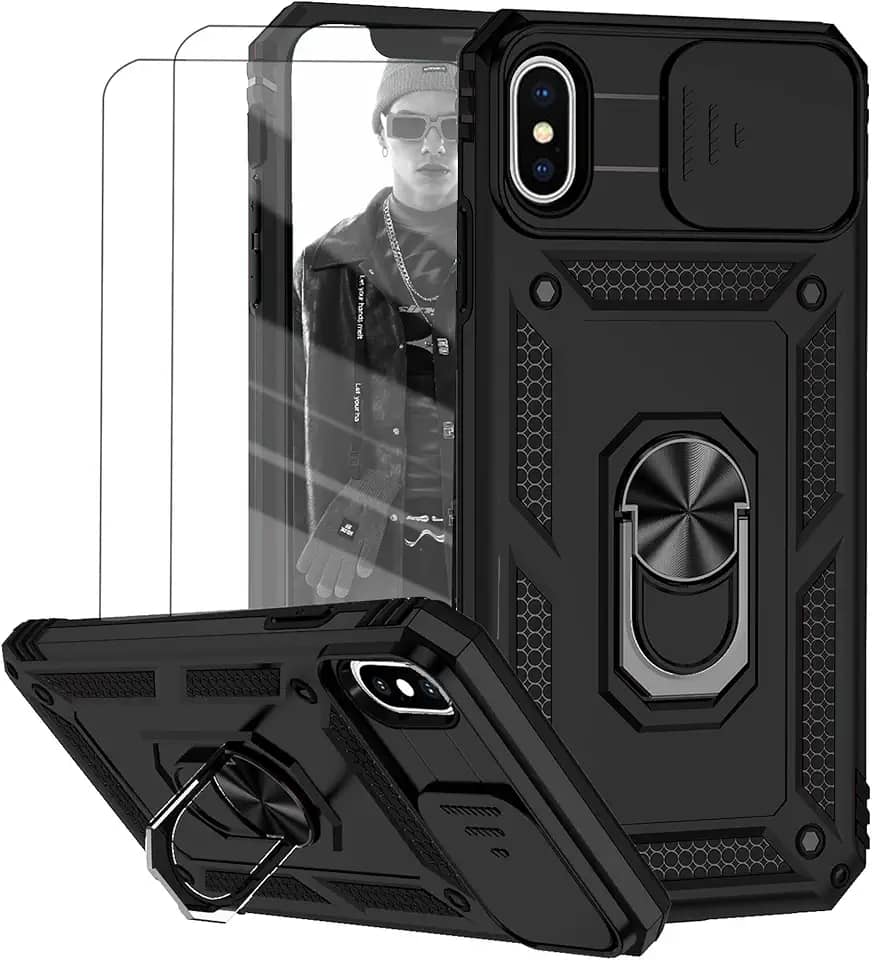 Capa para iPhone X e iPhone XS Capinha | com 2 peças de protetor de tela temperado com janela deslizante da câmera e suporte para telefone incluídos - Preto