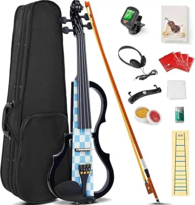 VEDO Violino Elétrico, Conjunto de Violino Elétrico Silencioso 4/4, Violino de Madeira Maciça e Metal, com Acessórios em Ébano, Kit para Iniciantes Adultos e Adolescentes (Xadrez Azul e Branco)