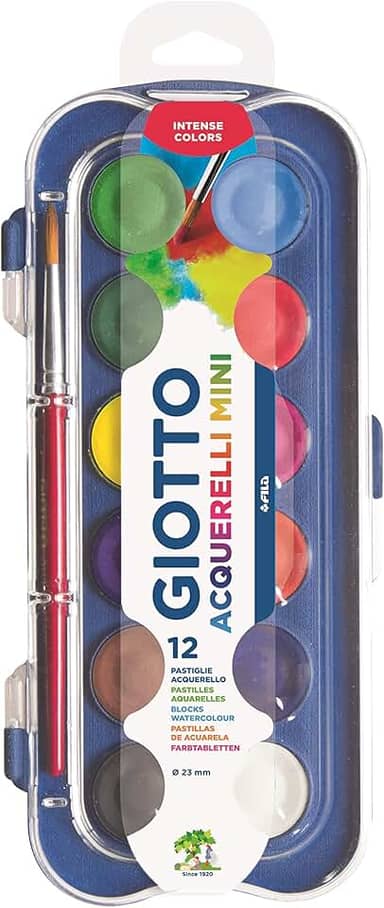 GIOTTO Acquarelli Mini, Aquarela em Estojo de Pastilhas de 23mm, 12 Cores