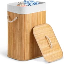 Cesto de Bambu Claro com Tampa para Roupas Sujas. Ideal para Lavanderia, Área de Serviço, Banheiro e Quarto. Forro Removível com Aro de Aço para Fixação, Dobrável, Alça de Corda Macia, Bege