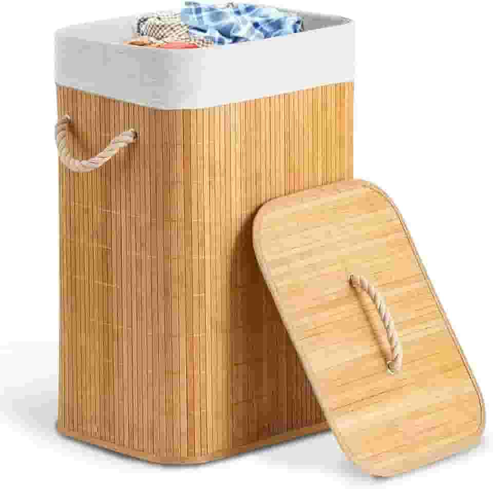 Cesto de Bambu Claro com Tampa para Roupas Sujas. Ideal para Lavanderia, Área de Serviço, Banheiro e Quarto. Forro Removível com Aro de Aço para Fixação, Dobrável, Alça de Corda Macia, Bege