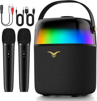 Caixa de Som Bluetooth Karaoke PartyFree, Partybox com Dois Microfones Sem Fio, Sistema de PA com Modo Discurso e Luzes LED Dinâmicas Embutidas, Suporta FM/AUX/USB/6,35mm, para Festa Presente