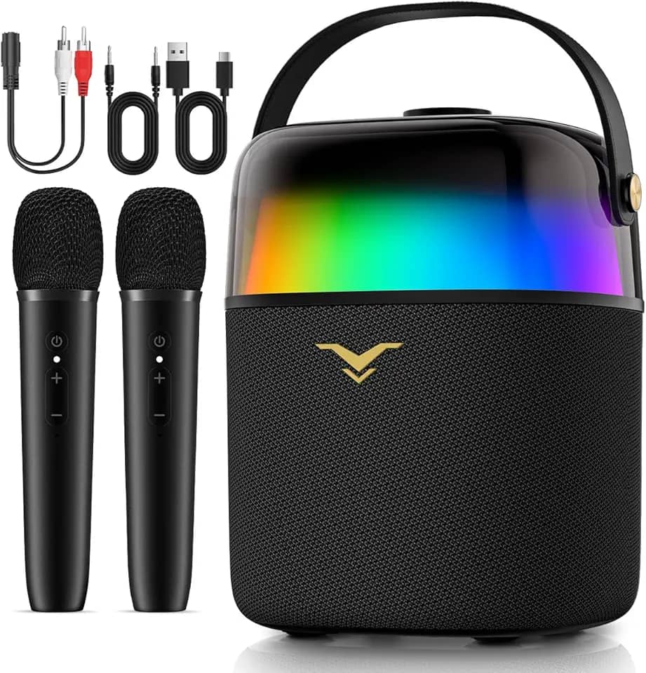 Caixa de Som Bluetooth Karaoke PartyFree, Partybox com Dois Microfones Sem Fio, Sistema de PA com Modo Discurso e Luzes LED Dinâmicas Embutidas, Suporta FM/AUX/USB/6,35mm, para Festa Presente