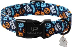 UP URARA PUP Coleira para cães de Halloween – Coleiras para cães fantasma e abóbora 'Jack is Back', coleira assustadora azul escuro, coleiras ajustáveis com estampa de abóbora e esqueleto para cães de