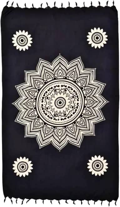 Canga de Praia Mandala, Saída de Piscina, Estampa Floral Preta e Branca com Franjas