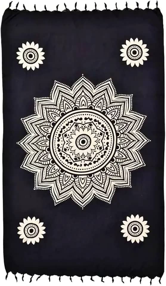 Canga de Praia Mandala, Saída de Piscina, Estampa Floral Preta e Branca com Franjas