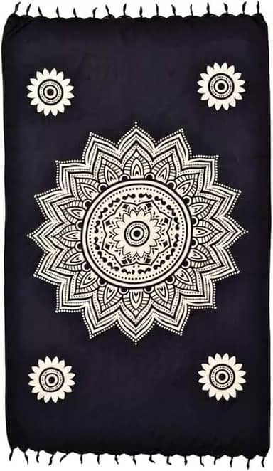 Canga de Praia Mandala, Saída de Piscina, Estampa Floral Preta e Branca com Franjas